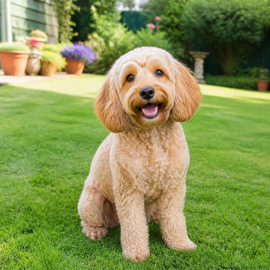 Happy apricot cockapoo sitting on a clean green lawn in a tidy garden